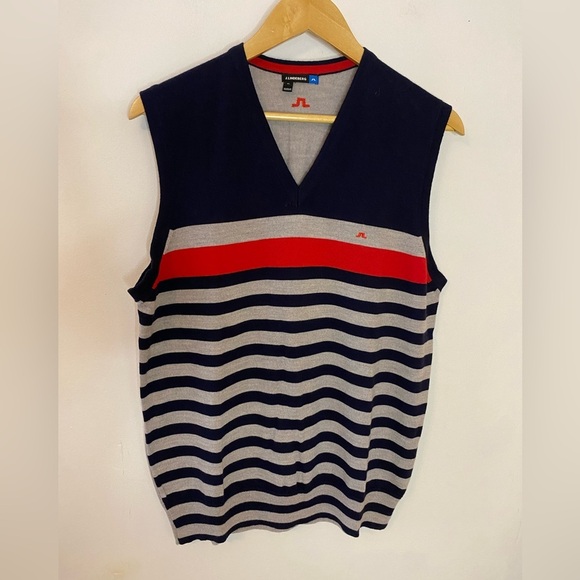 J. Lindeberg Merino Wool Red Blue Striped Sweater Vest - Picture 1 of 6
